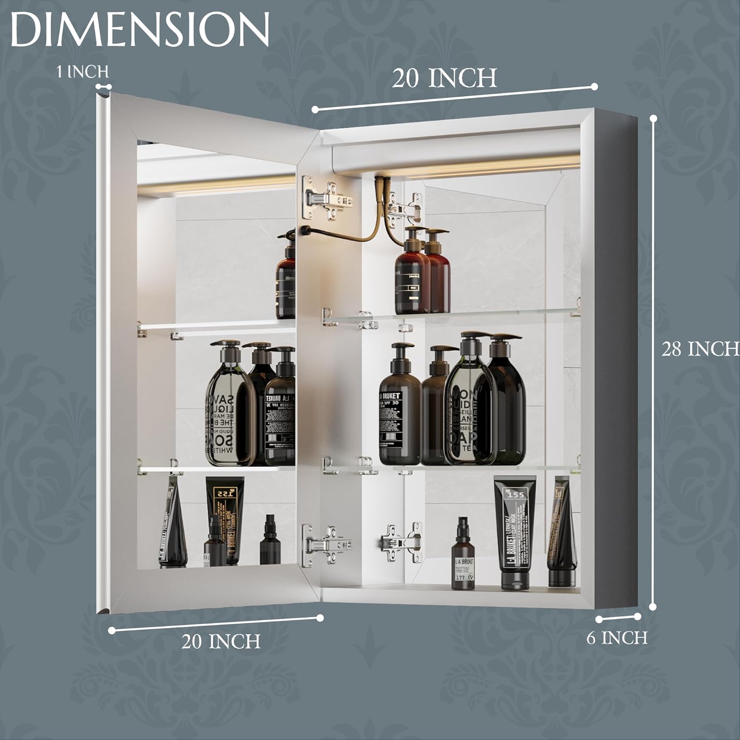 LIGMIRR 20" wide X 28" high LED MIRROR CABINET. TOUCH SENSON SWITCH - CHANGABLE AND DIMMABLE - Image 2